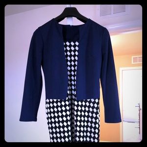 Navy Blue, black & white fitted mid length dress.